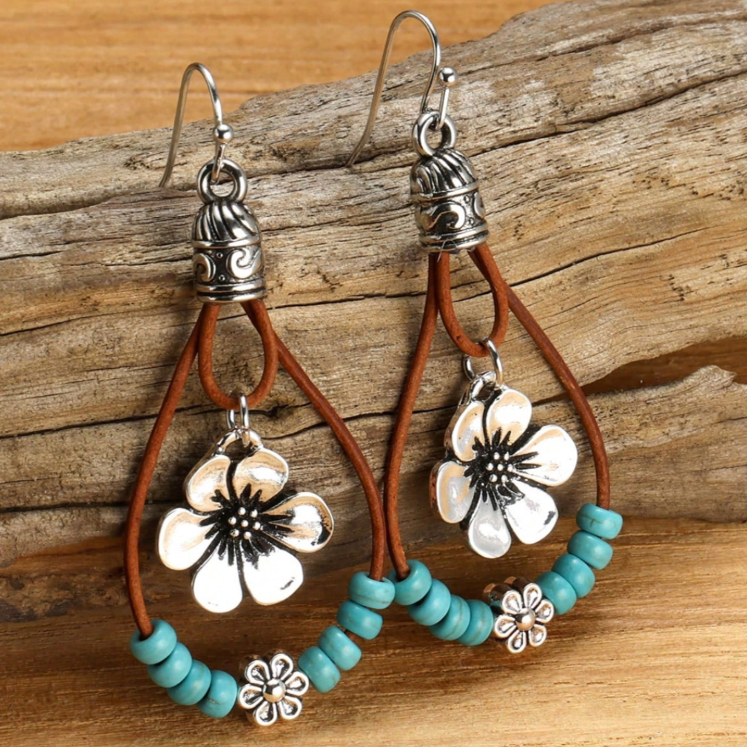 Boho Silber Blume Türkis Ohrringe