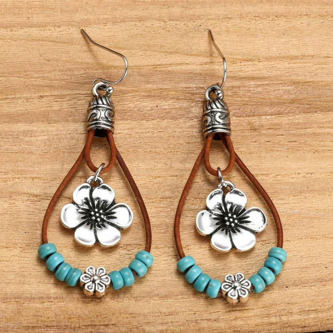 Boho Silber Blume Türkis Ohrringe