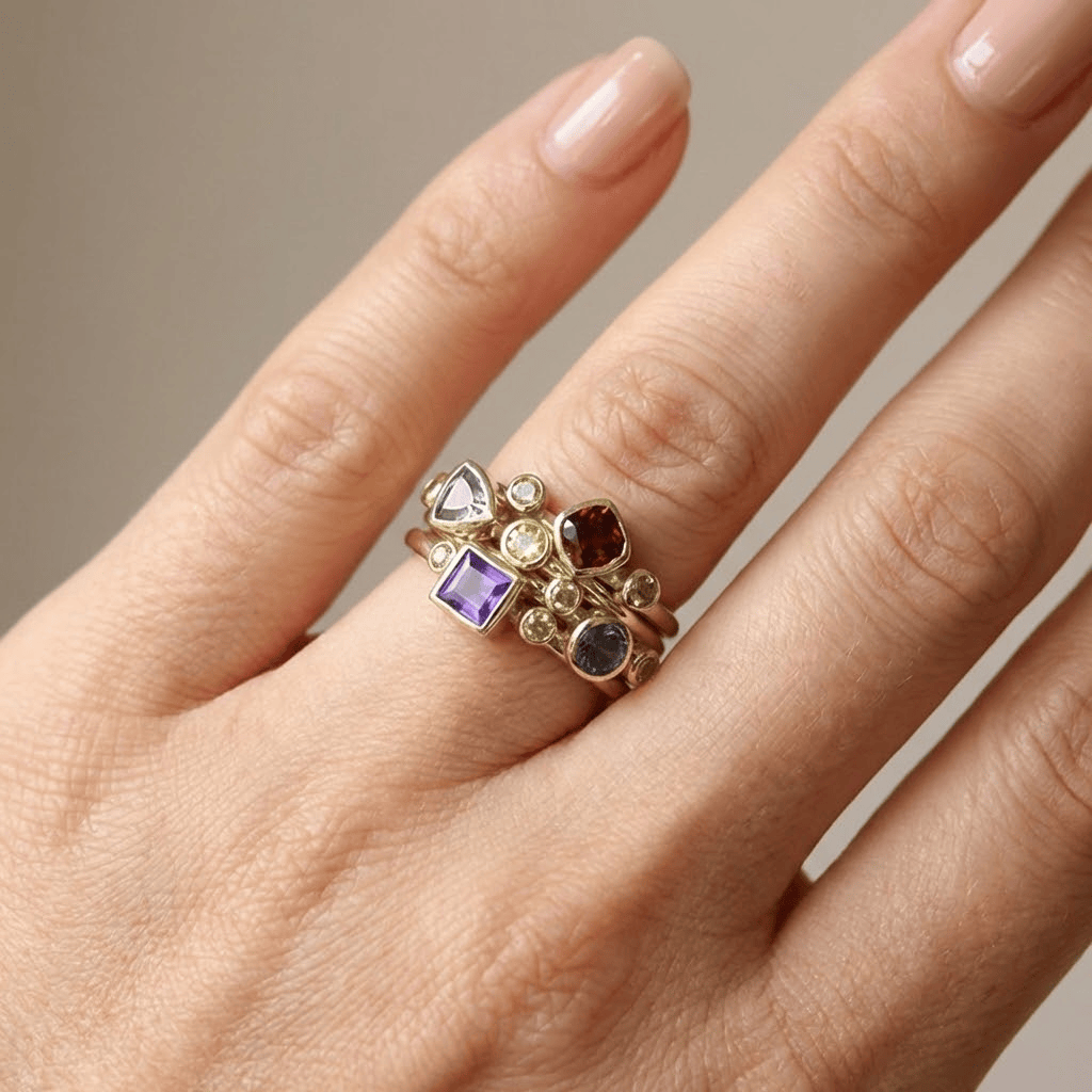Farbiger Edelstein Stapelring Set