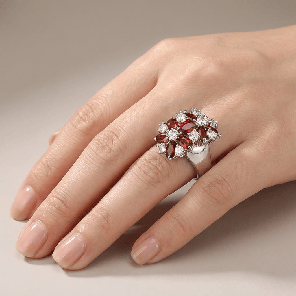 Roter Granat Cluster Silber Blumenring
