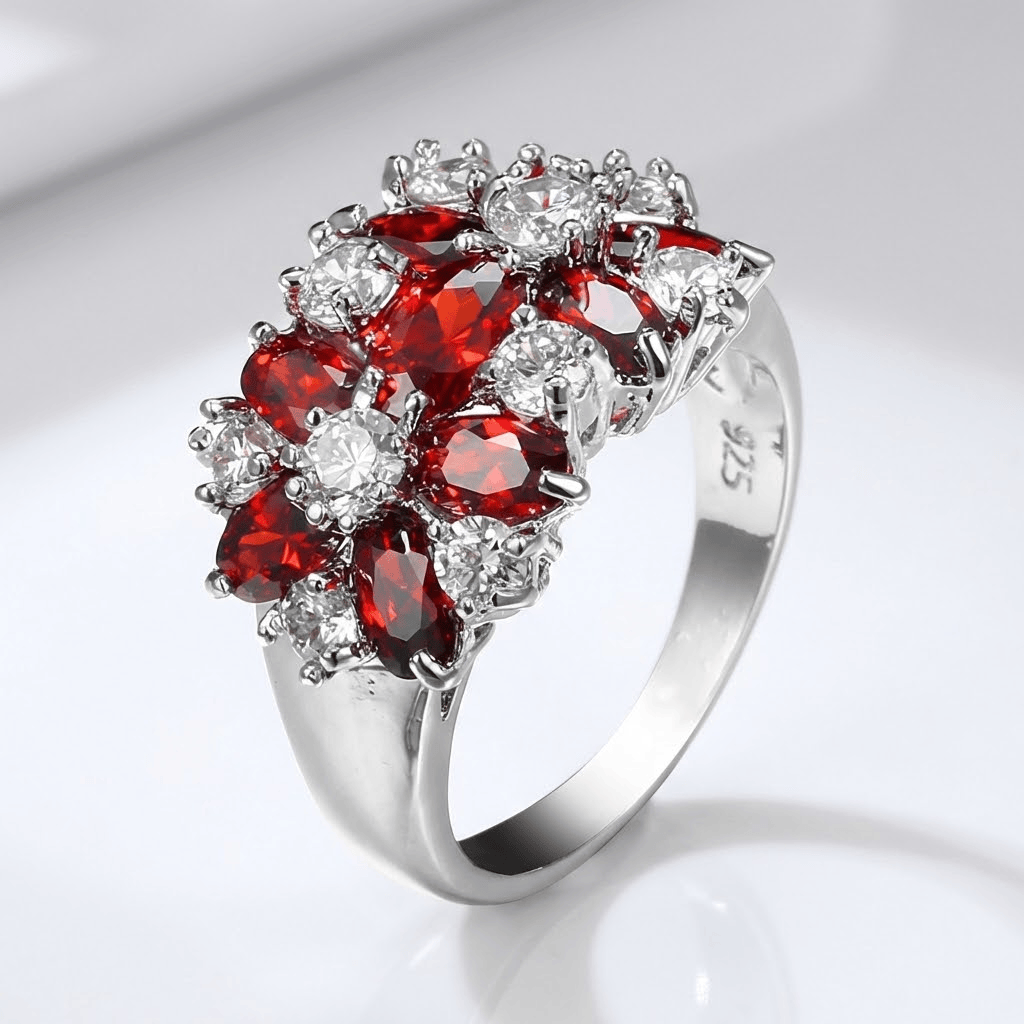 Roter Granat Cluster Silber Blumenring