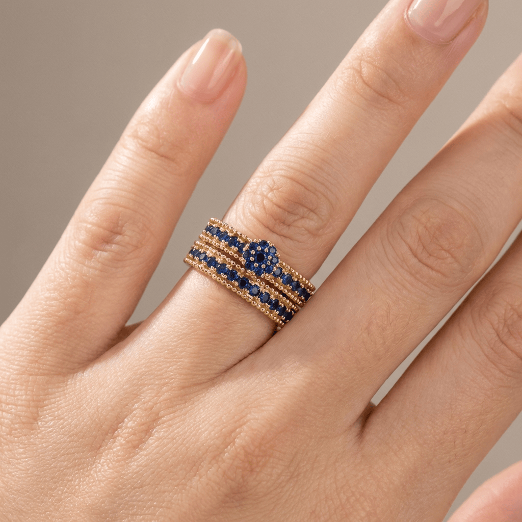 Blauer Saphir Gold Stapelring Set