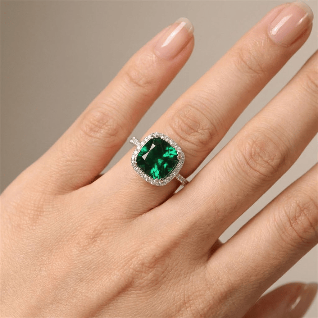 Grüner Smaragd Kissen Halo Ring