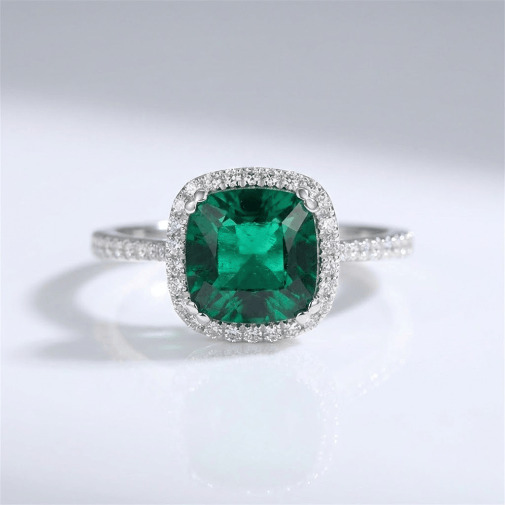 Grüner Smaragd Kissen Halo Ring