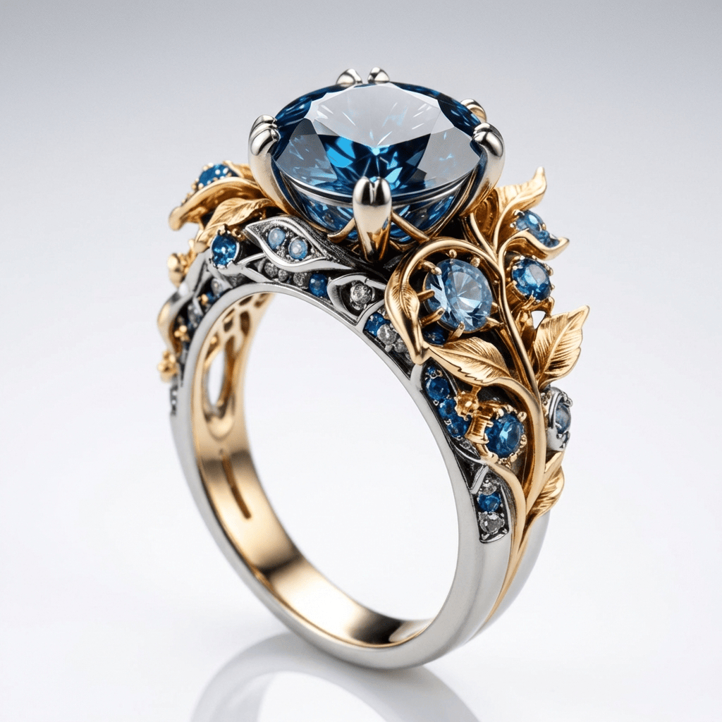 Handgefertigter Gold- und Blautopas-Erb-Ring