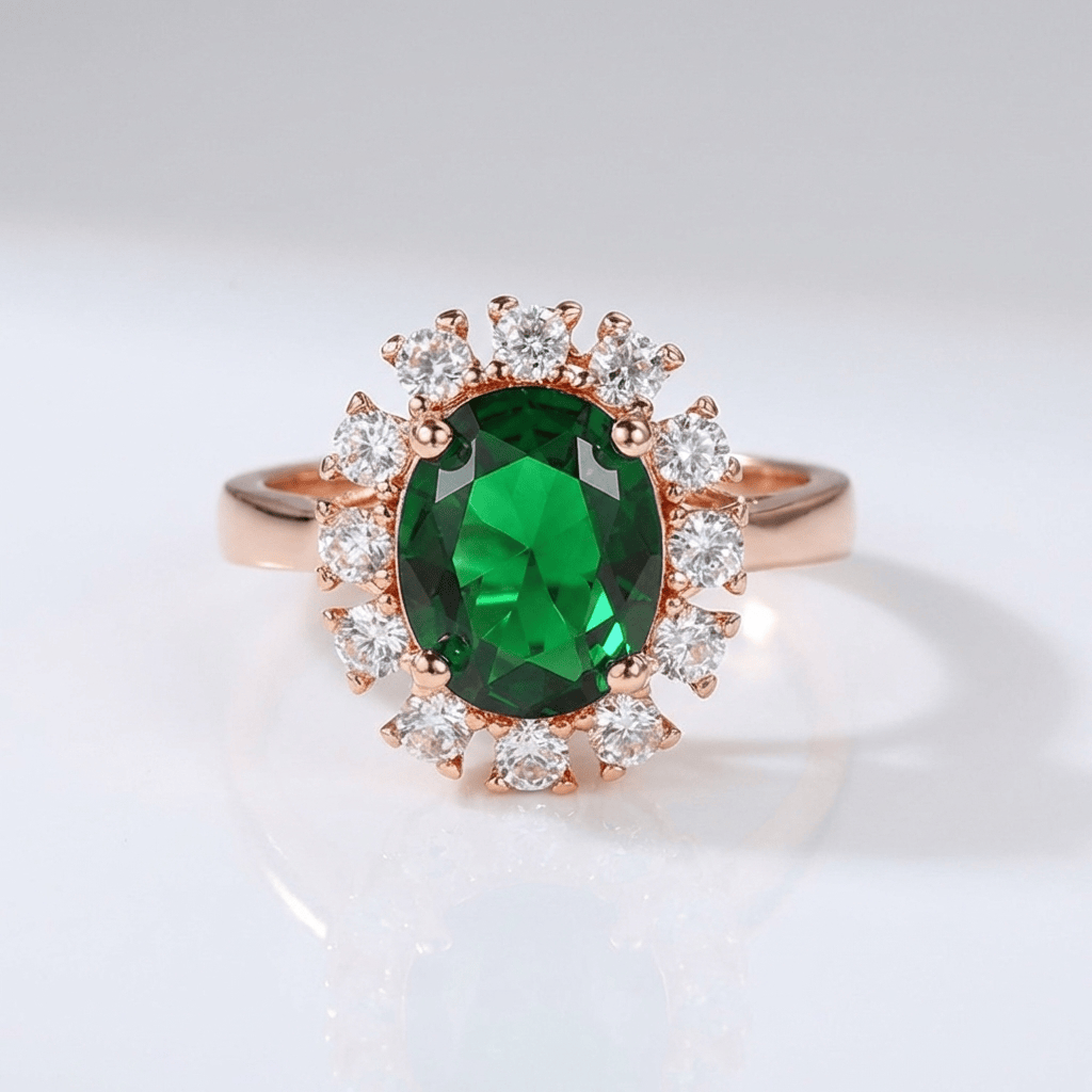 Ring mit Smaragd-Halo in Roségold