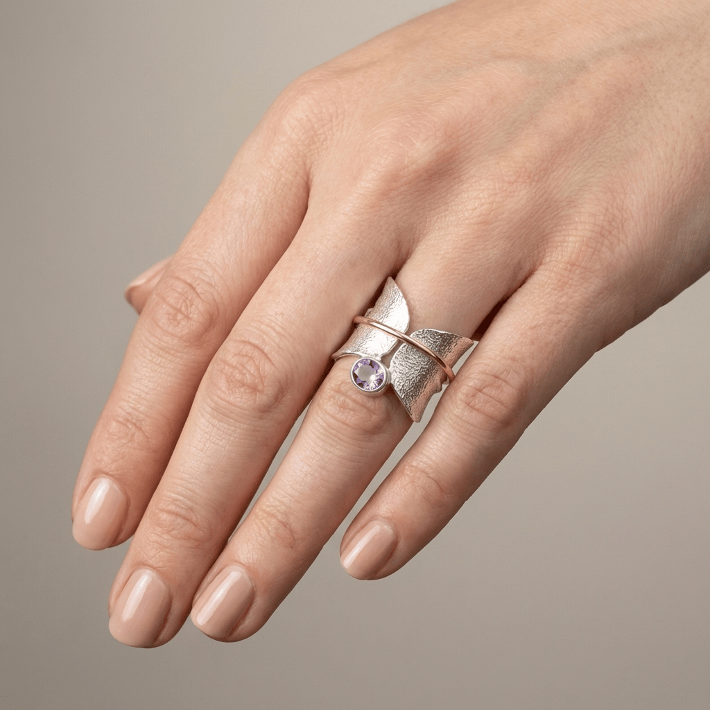 Schmetterling Amethyst Silber- und Goldring