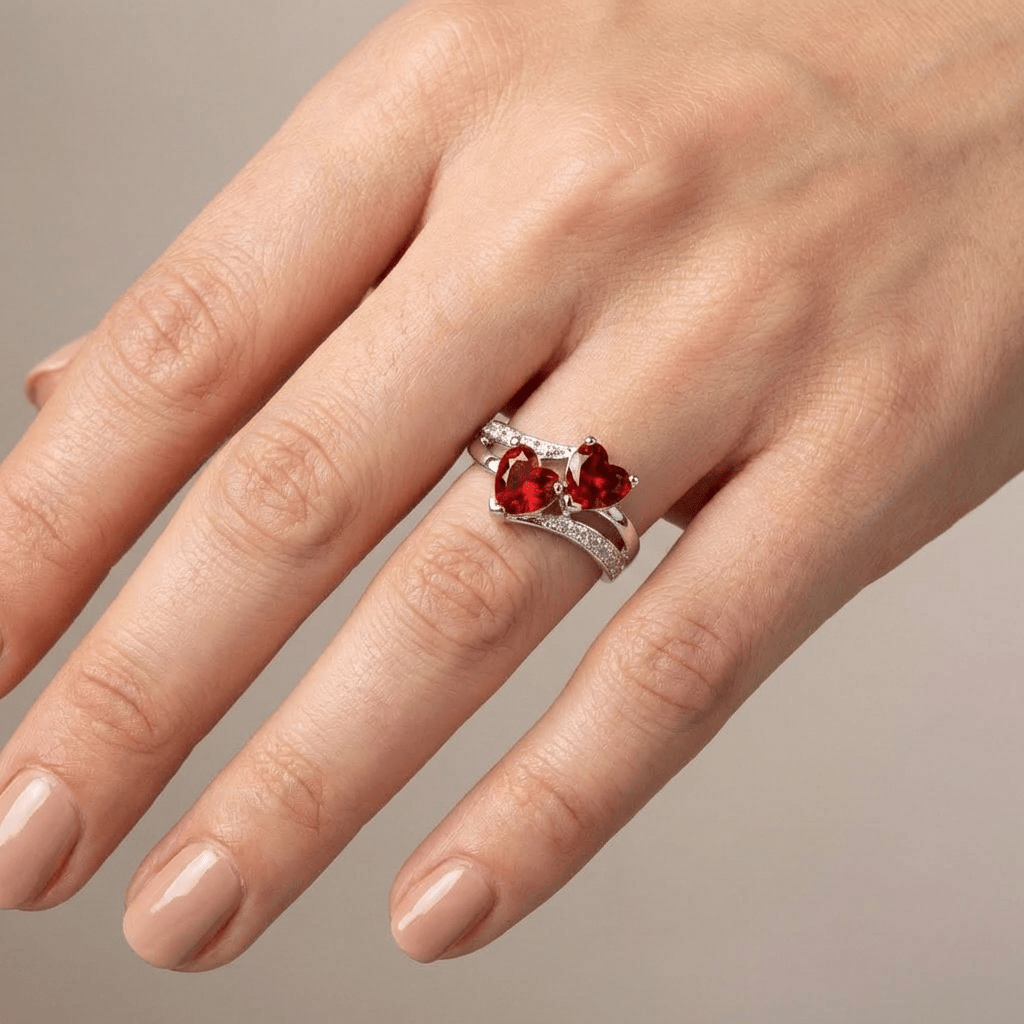 Doppeltes Rotes Herz Silberring