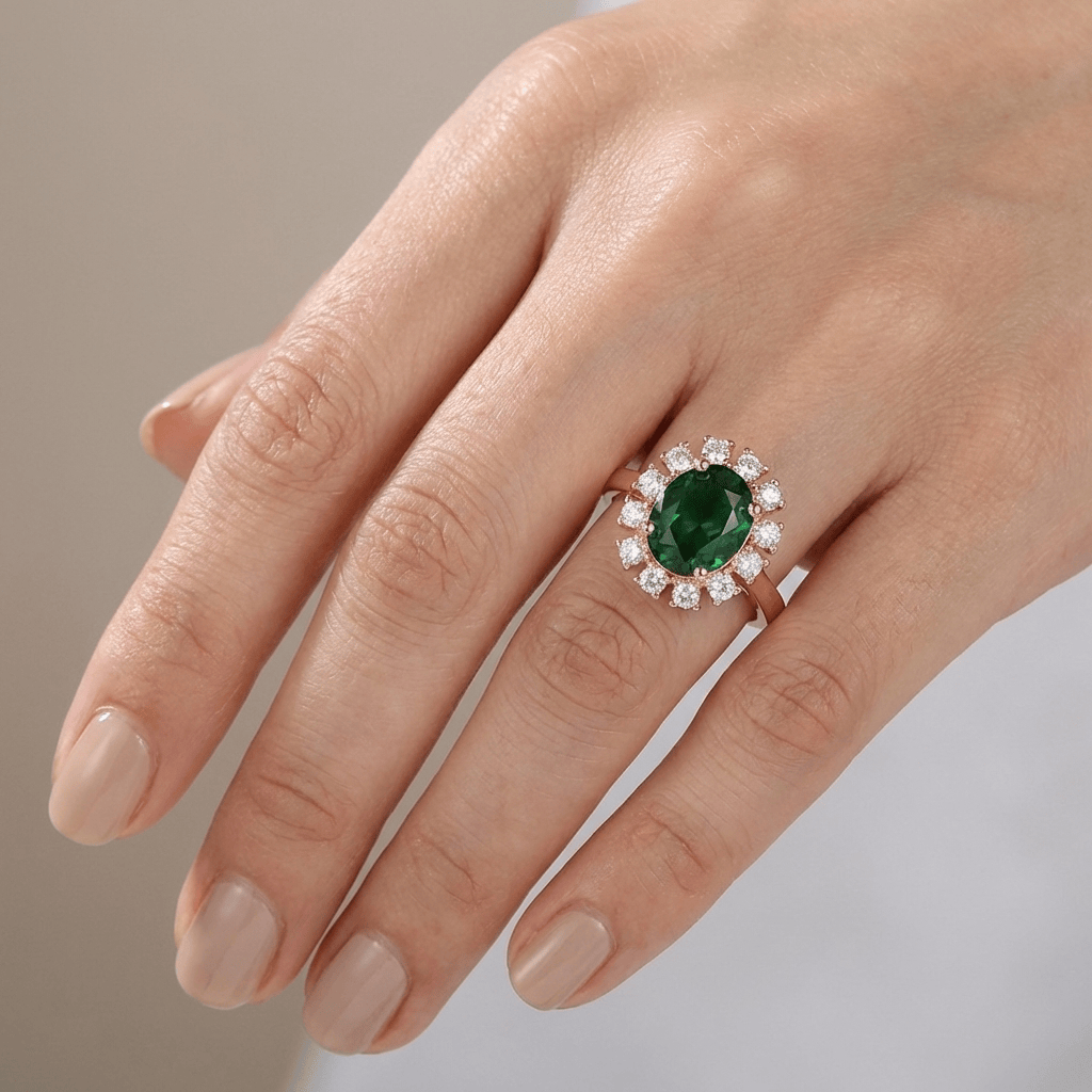 Ring mit Smaragd-Halo in Roségold