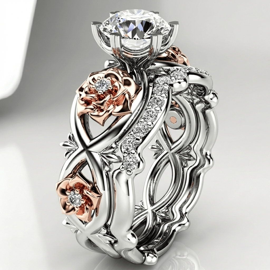 Silber Roségold Zirkonia Blumenring