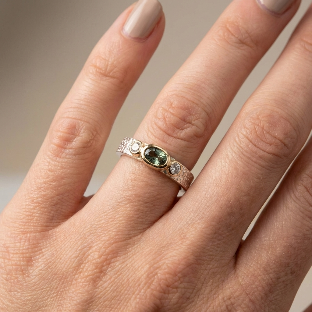 Grüner und Weißer Saphir Ring