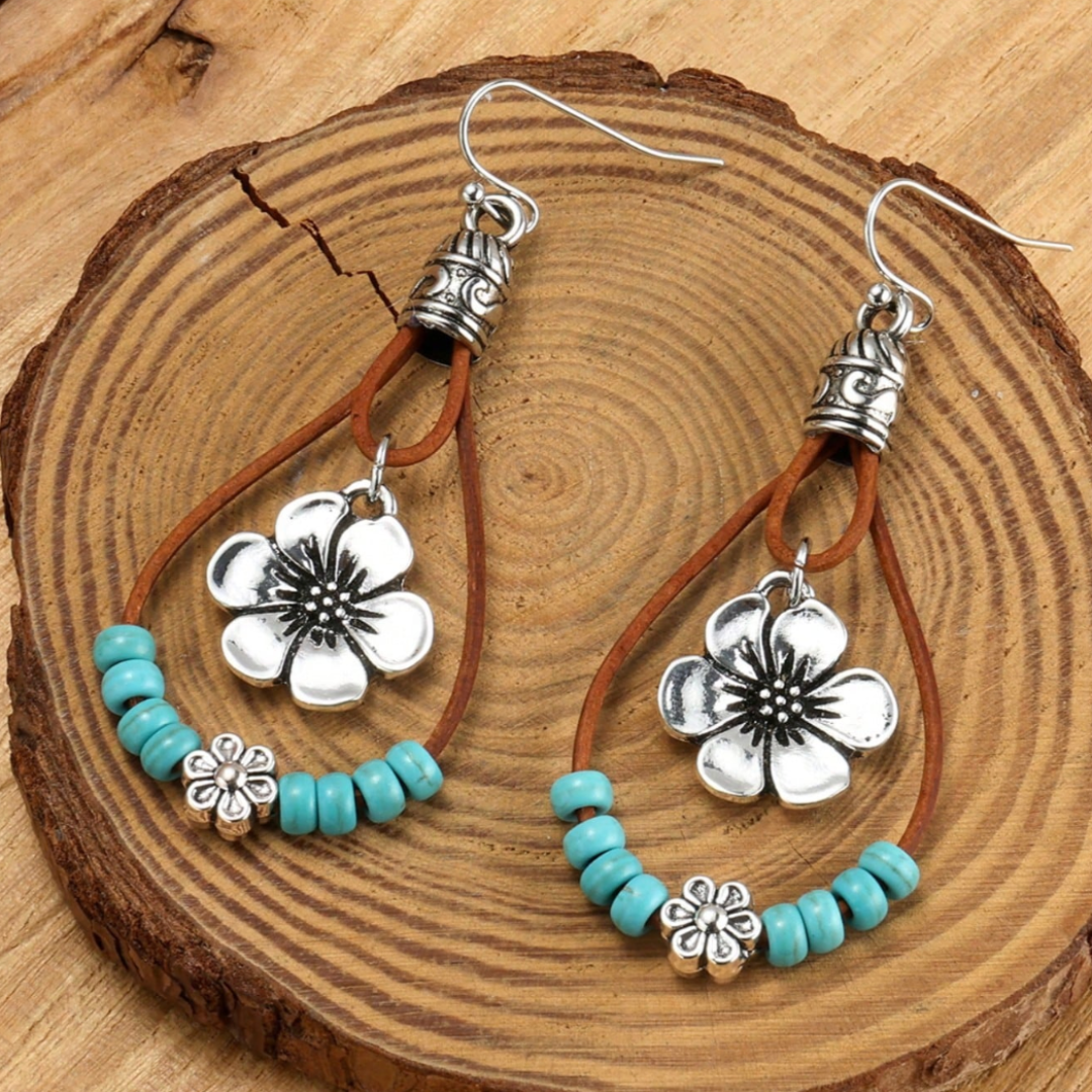Boho Silber Blume Türkis Ohrringe