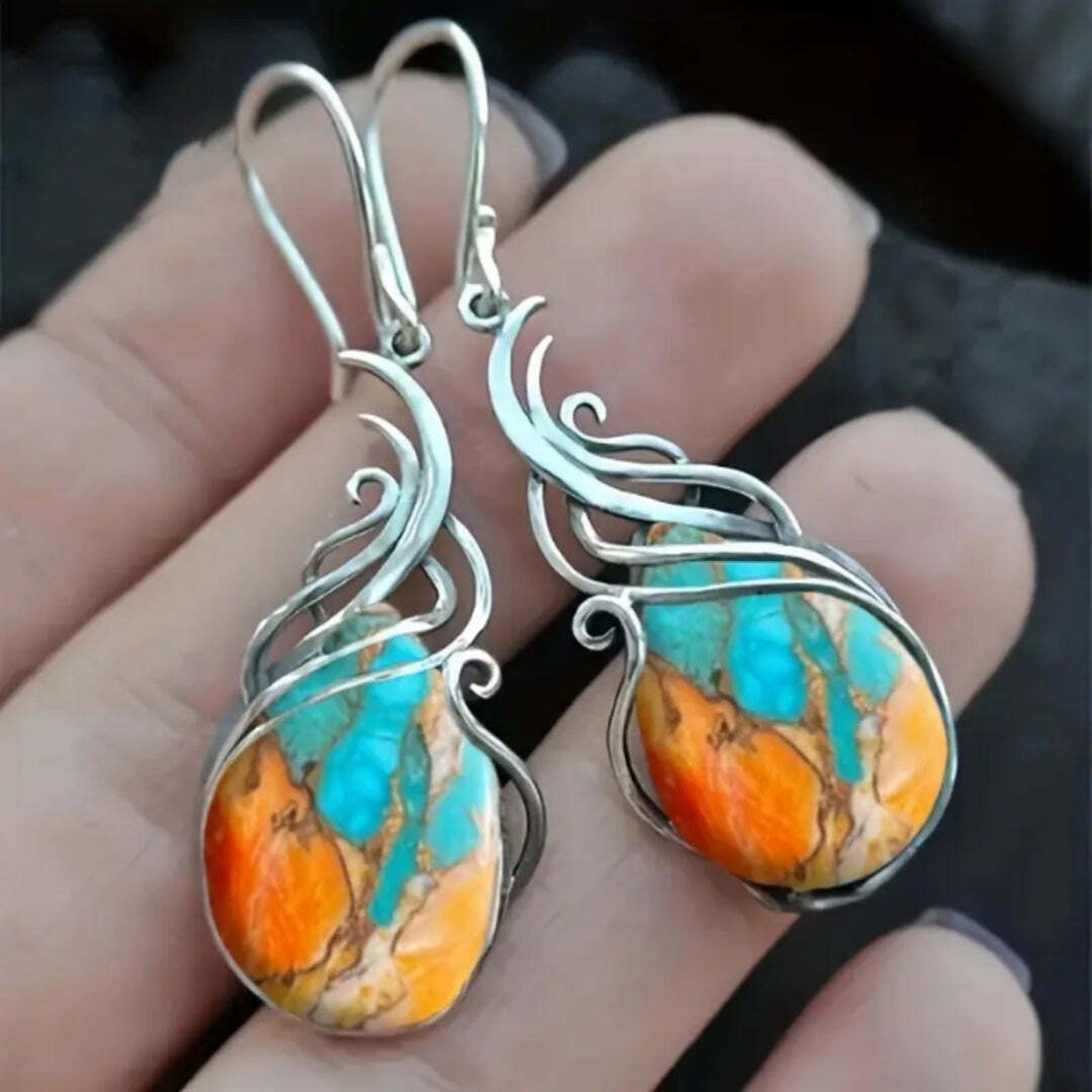 Blaue und Orange Edelstein Tropfohrringe