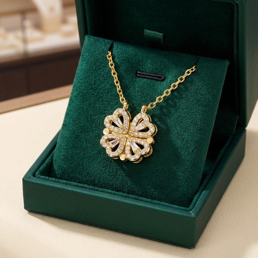 Goldenes Kleeblatt-Halsband mit Zirkonstein-Herzanhänger