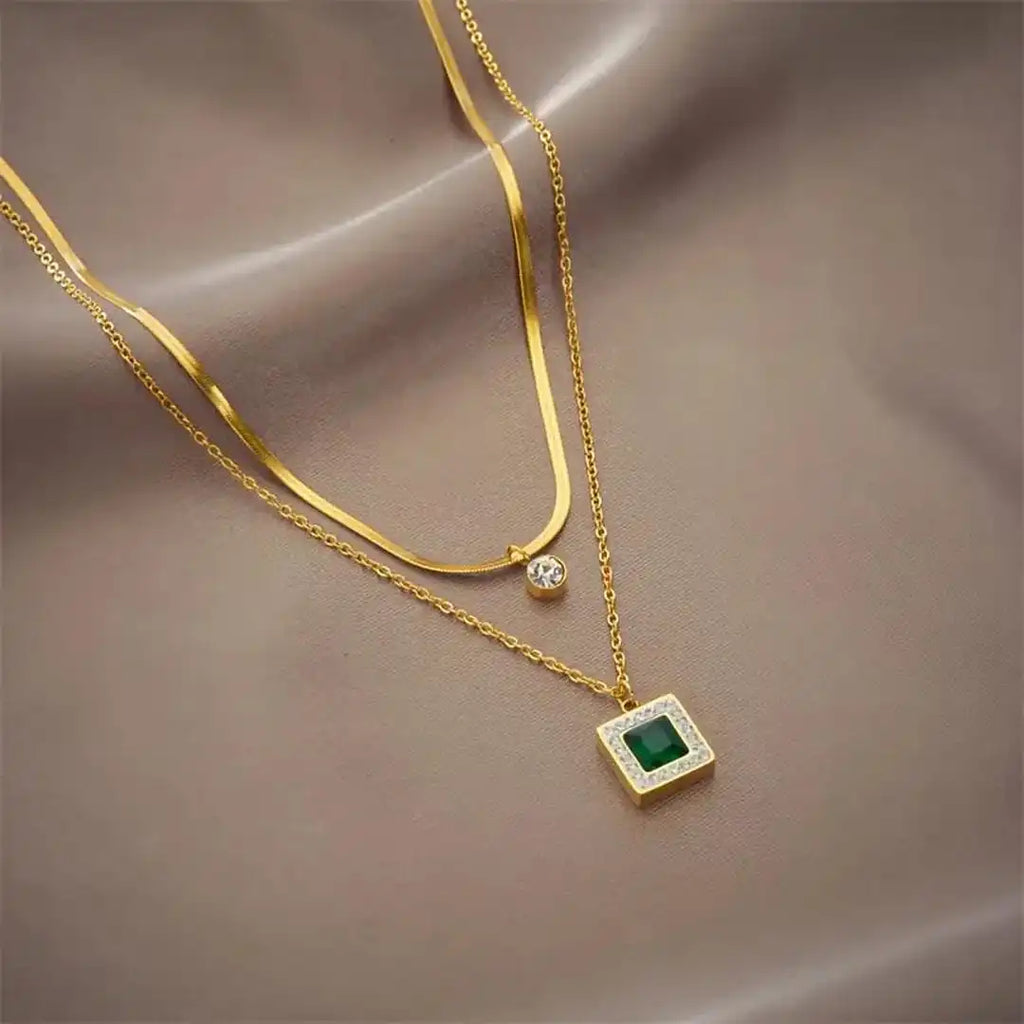 Smaragd-Schicht-Doppel-Gold-Halskette