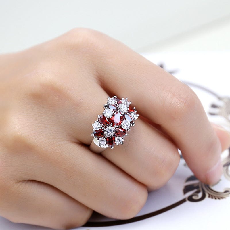 Roter Granat Cluster Silber Blumenring