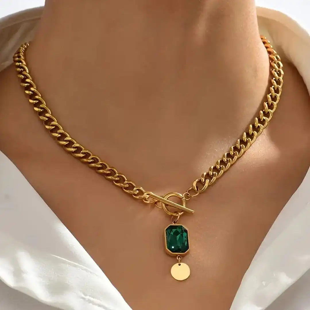 Chunky Chain Smaragd Gold Anhänger Halskette