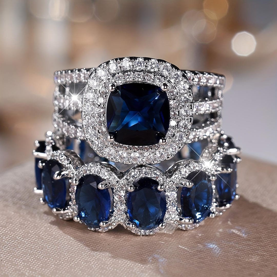 Sapphire Halo Stapelring Set aus Silber