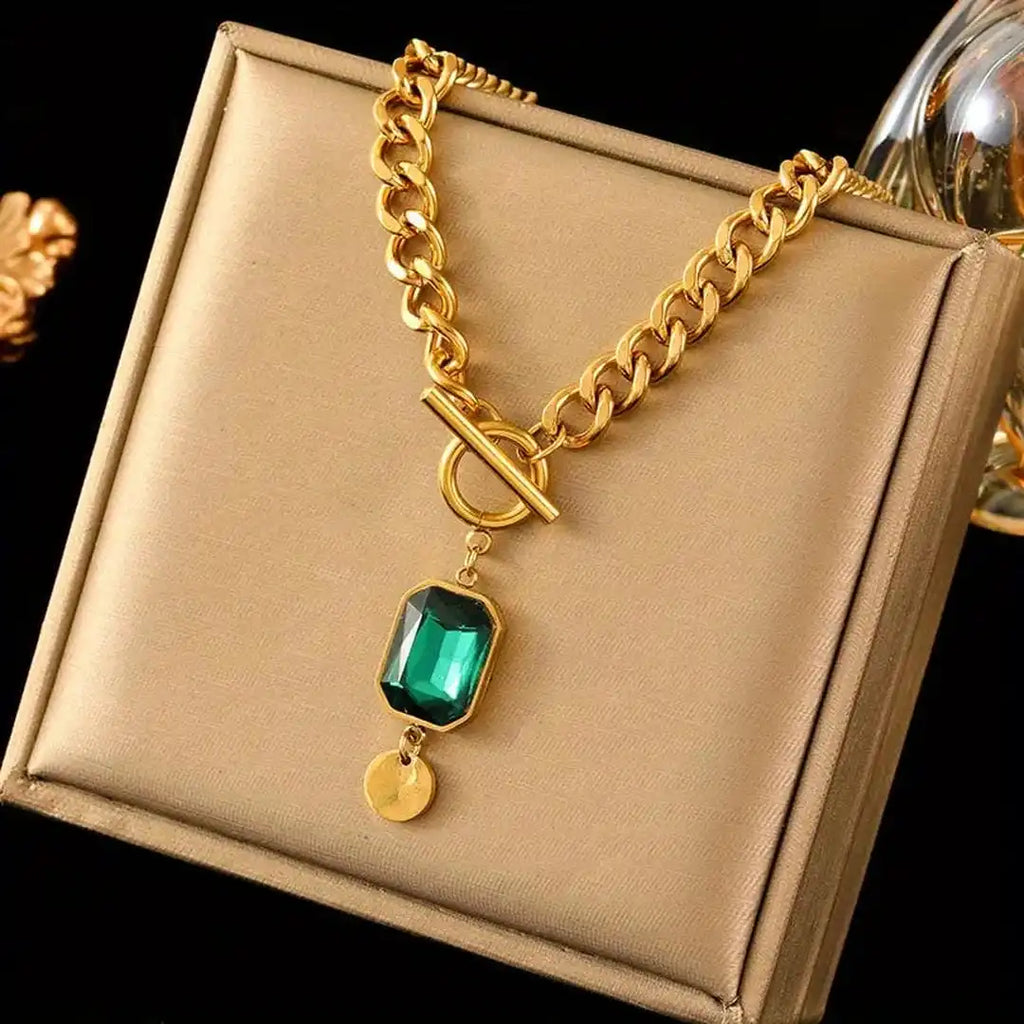 Chunky Chain Smaragd Gold Anhänger Halskette