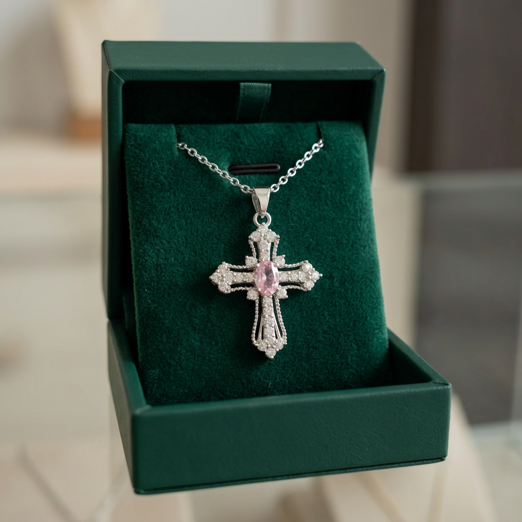 Himmlische Rosa Kreuz Halskette