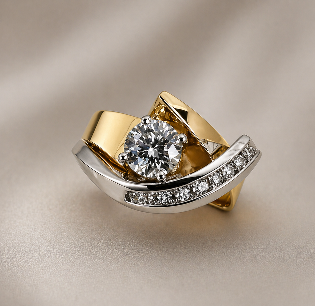 Vintage Unregelmäßiger Gold Silber Zirkonia Ring