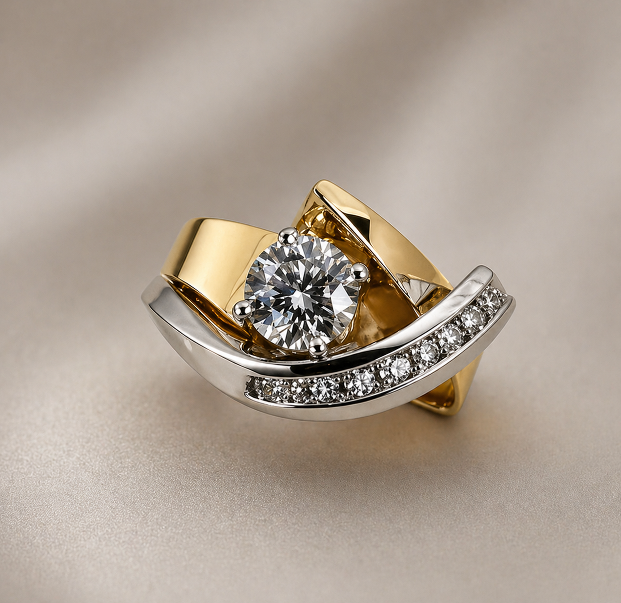 Vintage Unregelmäßiger Gold Silber Zirkonia Ring