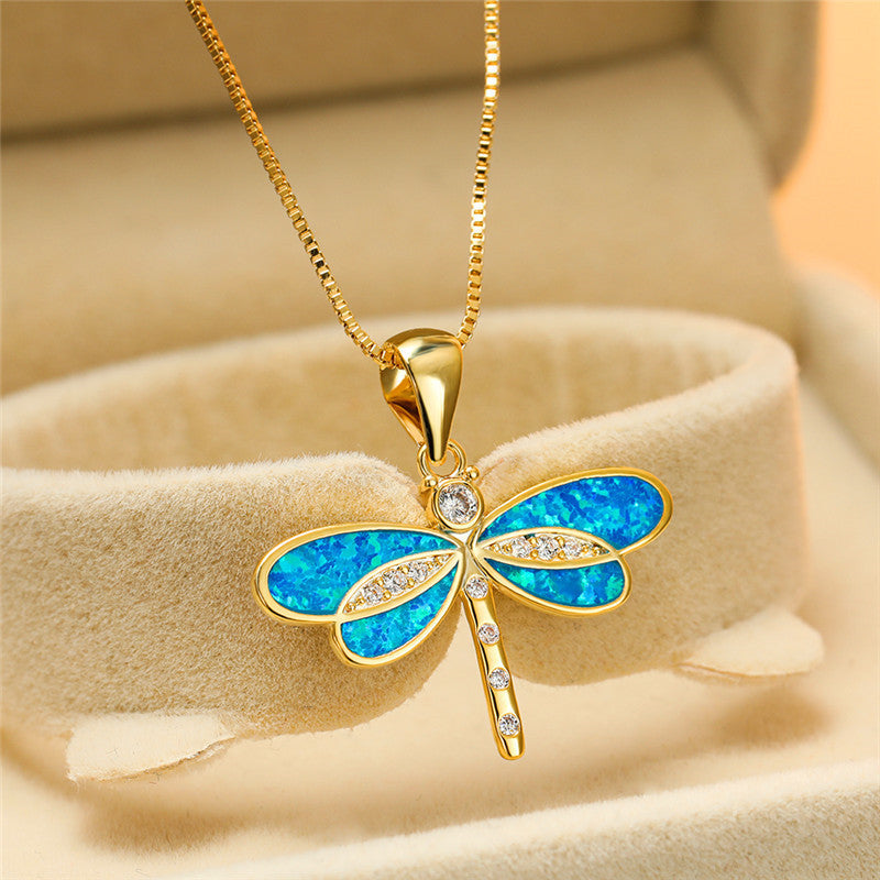 Libellen-Halskette in Gold mit Opal