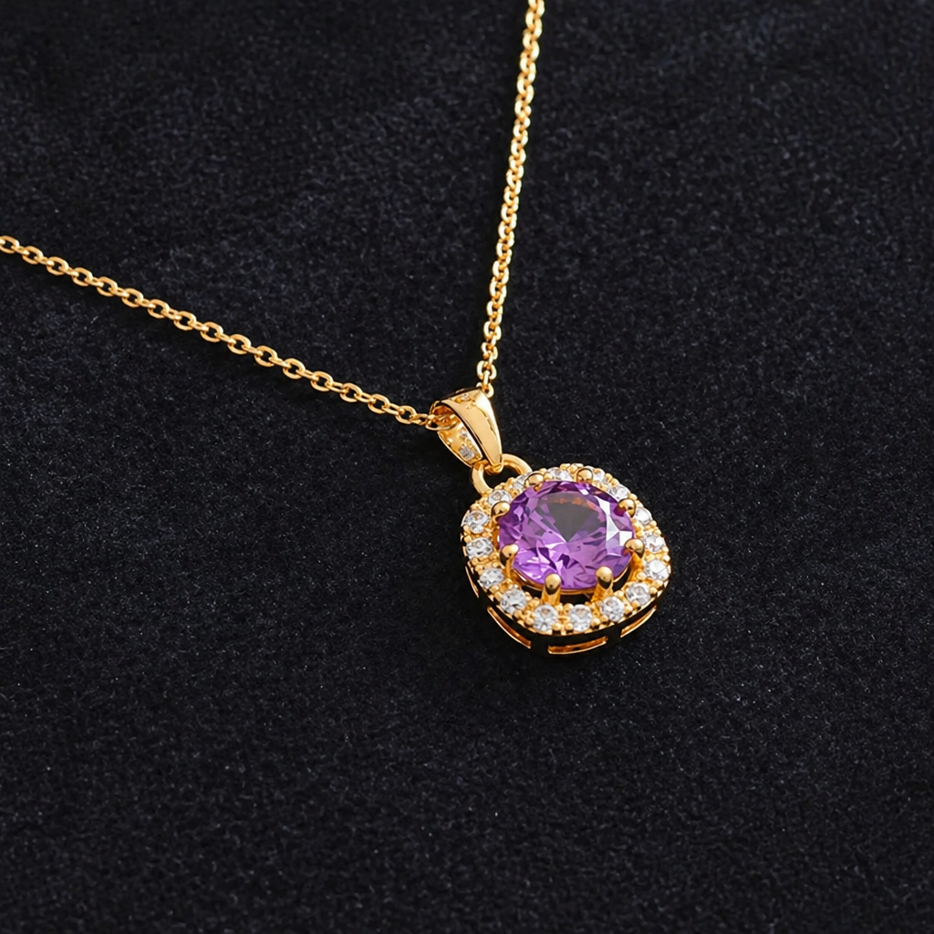 Amethyst Quadrat Gold Pavé Halskette