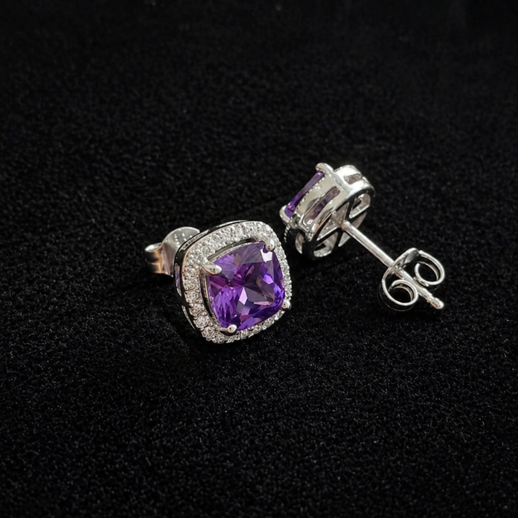 Amethyst Quadrat Pavé Weißgold Ohrringe
