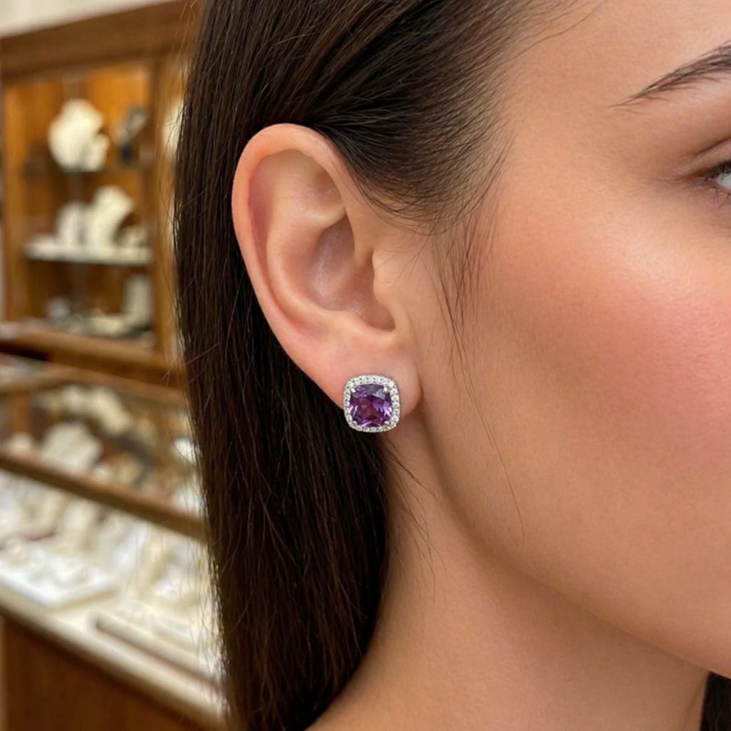 Amethyst Quadrat Pavé Weißgold Ohrringe