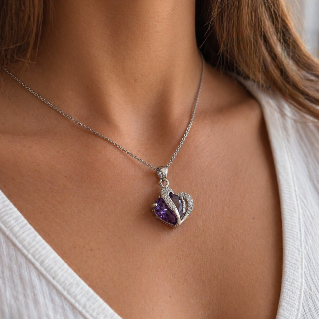 Amethyst Zwei Herzen Weißgold Halskette