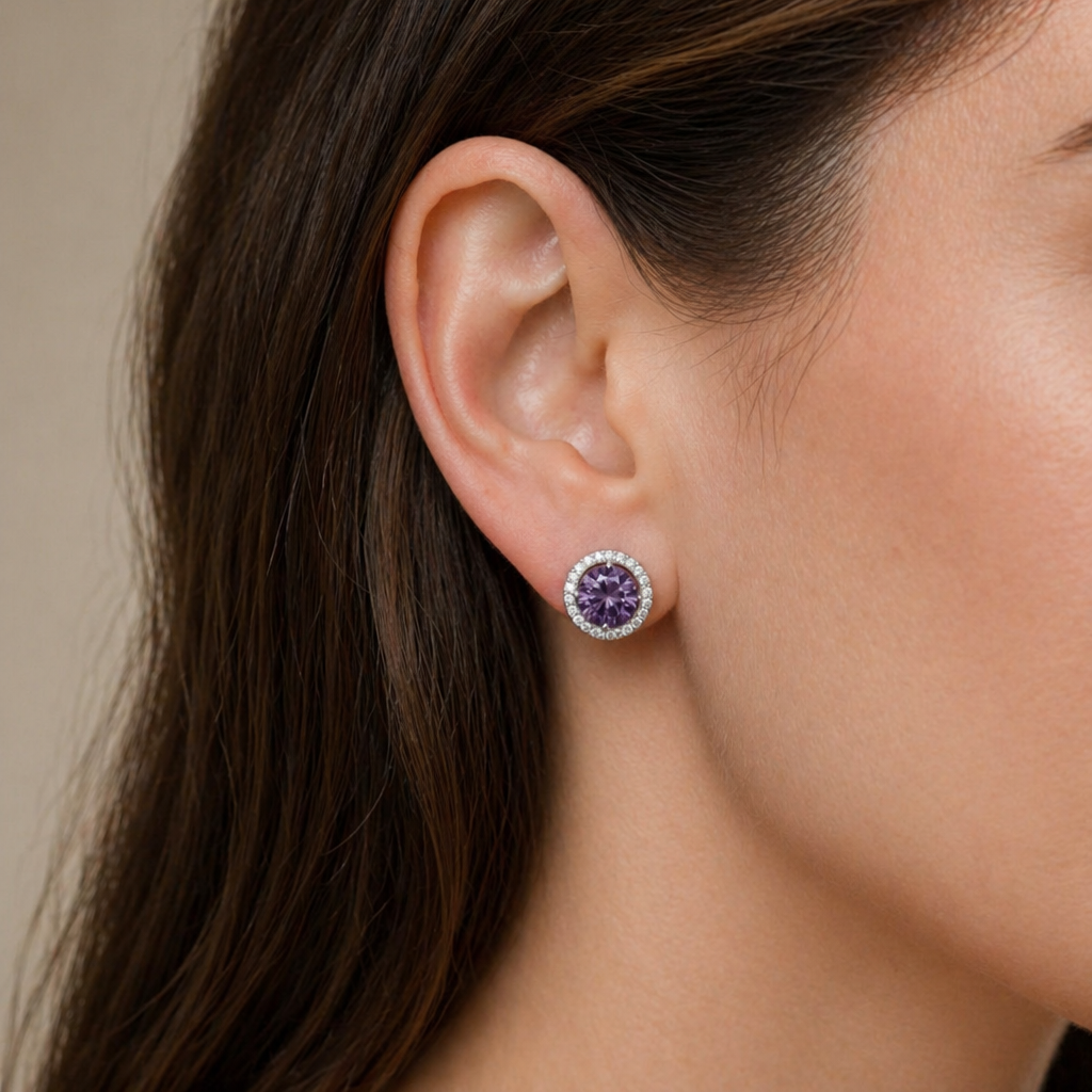Amethyst Runde Pavé Weißgold Ohrstecker