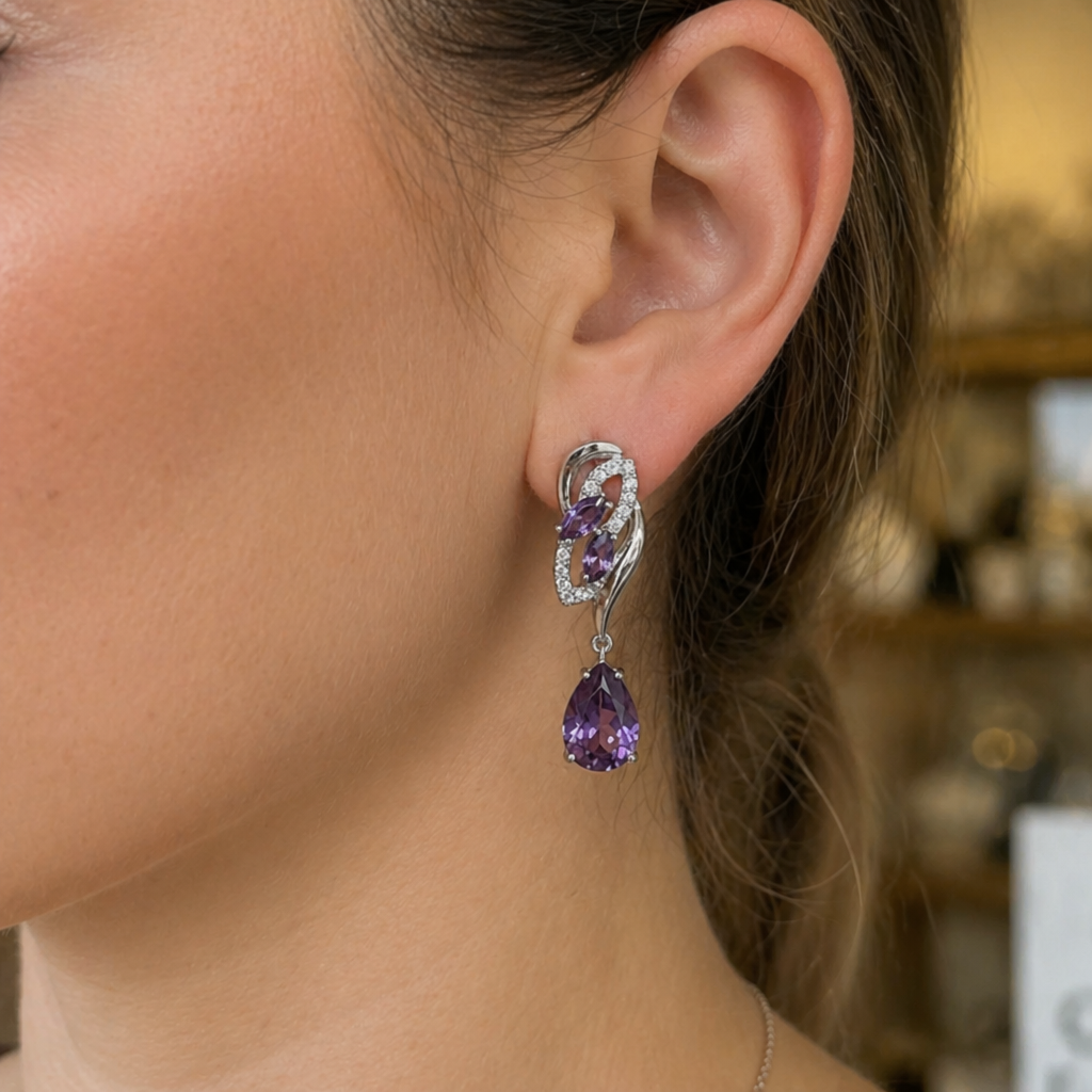 Amethyst Glimmer Tropfen Ohrringe aus Weißgold