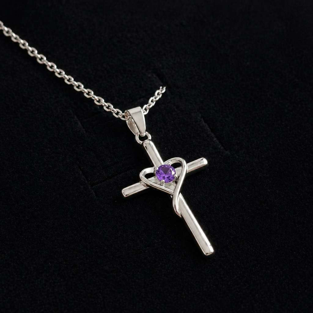Amethyst Zentrum Kreuz Weißgold Halskette
