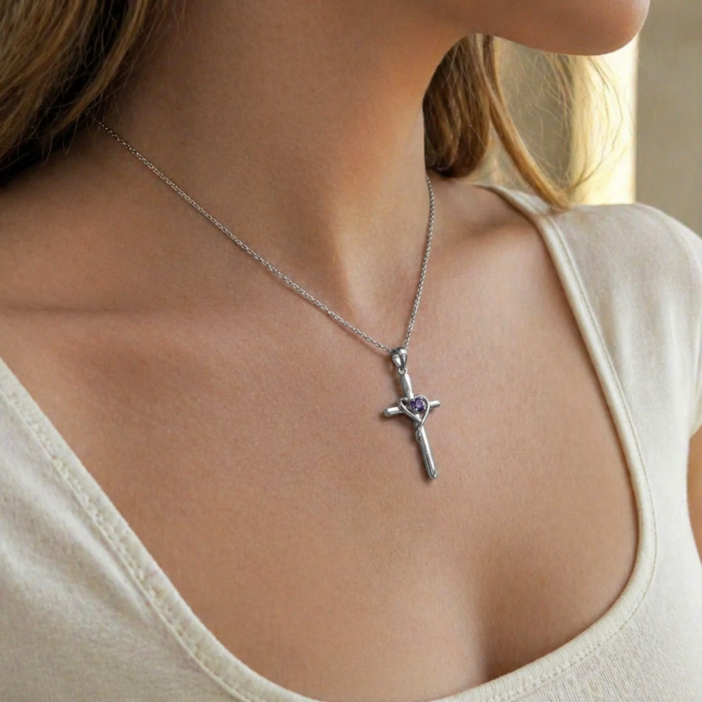 Amethyst Zentrum Kreuz Weißgold Halskette