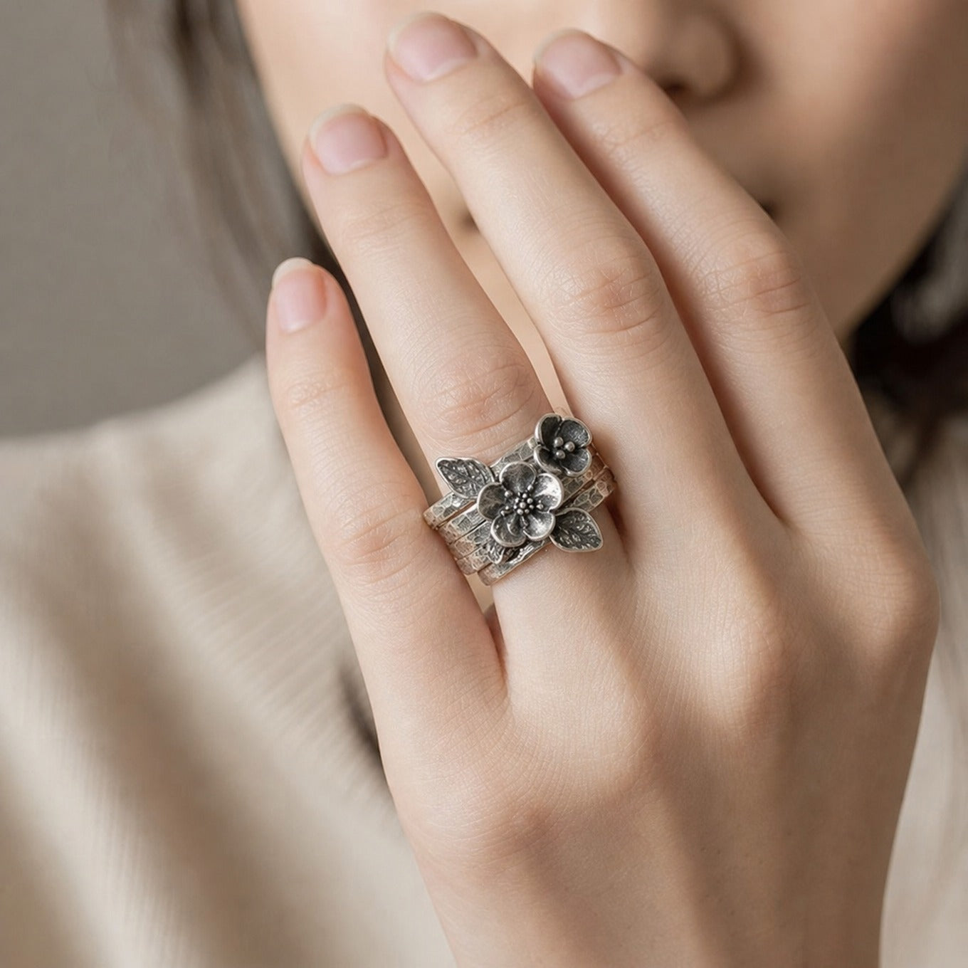 Vintage Blumen Silber Schicht Ring